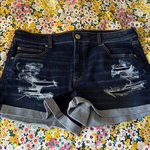 American Eagle Outfitters Dark Indigo Distressed Cuffed Jean Shorts